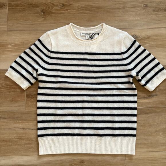 Banana Republic Lightweight Cashmere Short Sleeve Sweater White Navy Stripe S - Picture 1 of 7